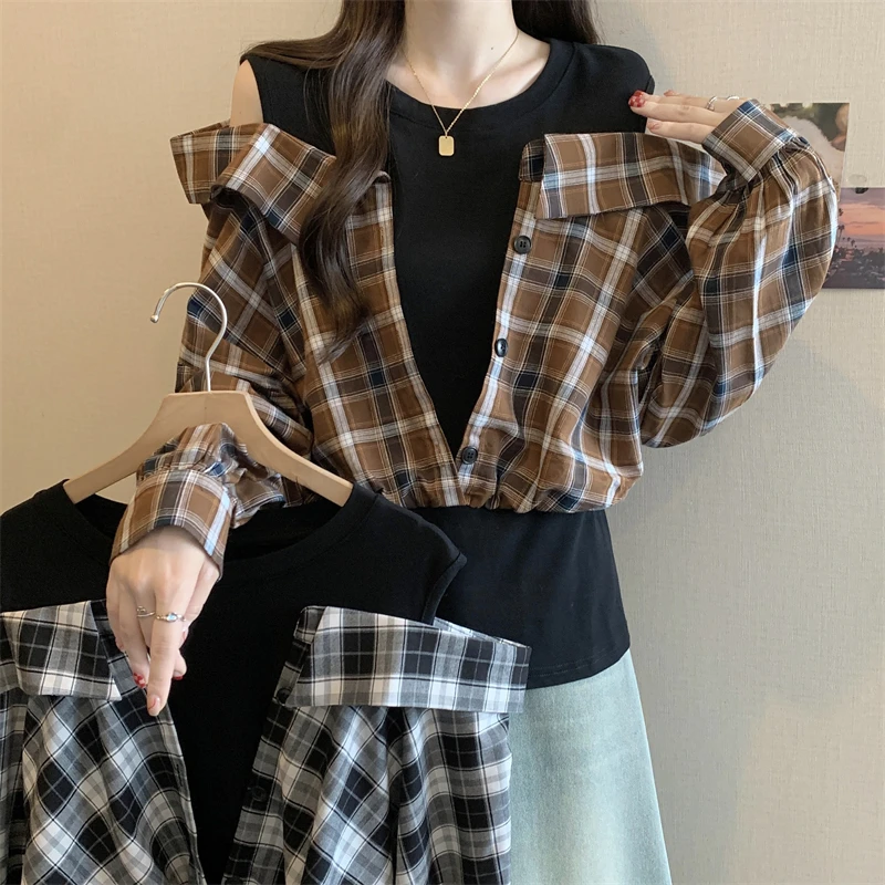 大码胖MM新款假两件减龄格子衬衫拼接露肩