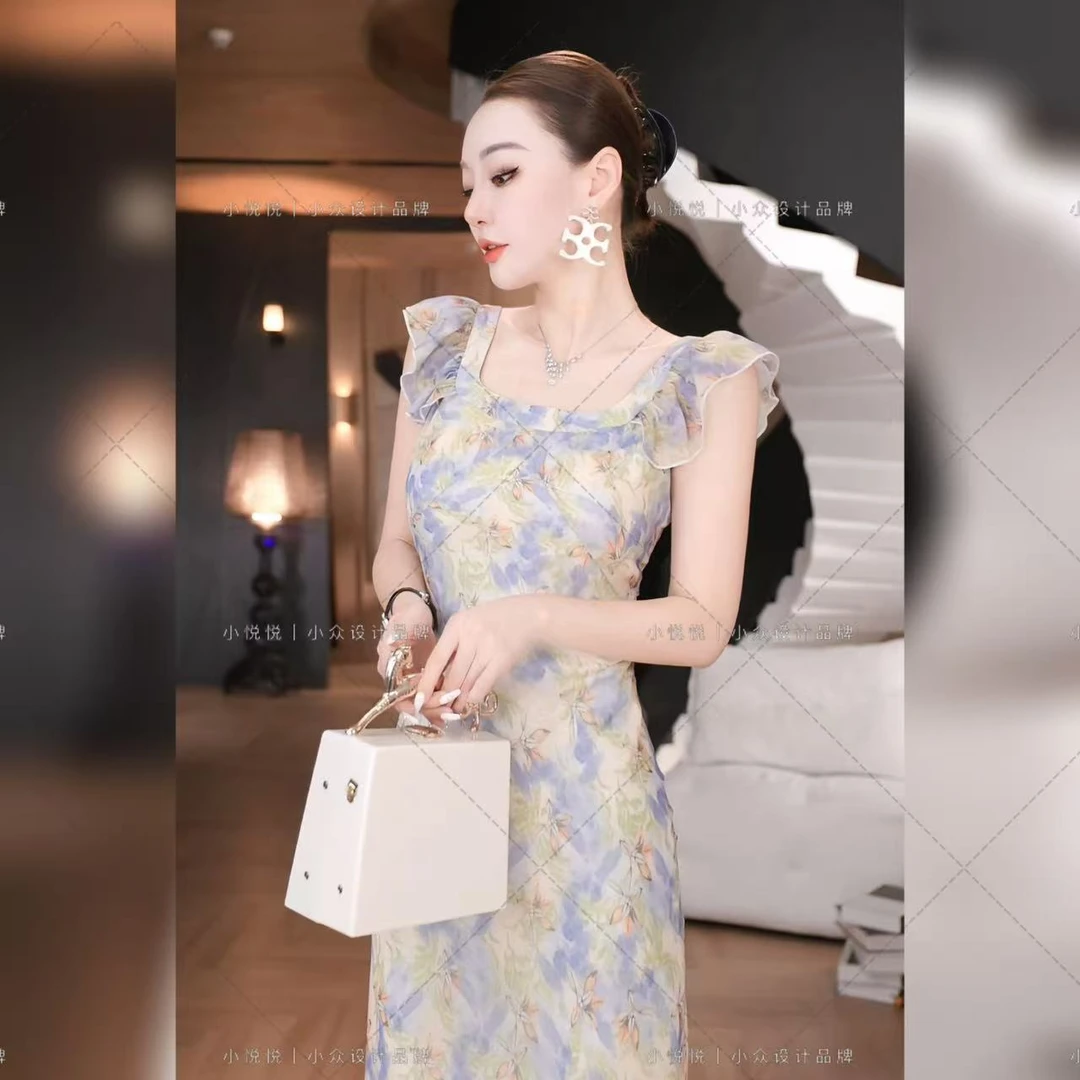 【海盐天空】A-01729设计小众印花公主袖a字连衣裙碎花
