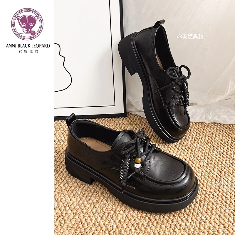 安妮黑豹黑色英伦风小皮鞋女新款通勤百搭串珠系带厚底乐福鞋