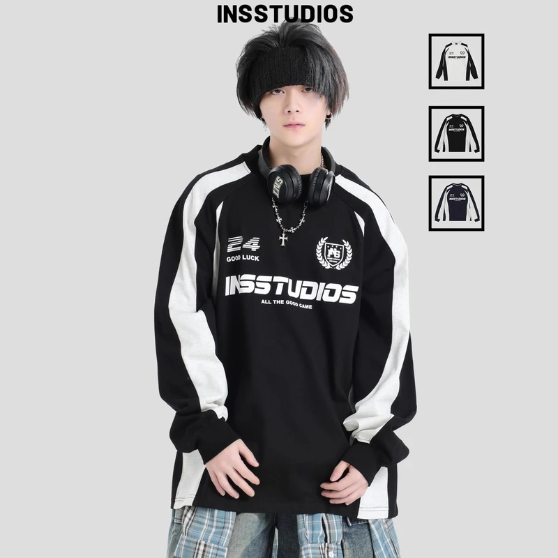 INSstudios国潮牌情侣美式撞色拼接赛车LOGO长袖宽松圆领打底t恤