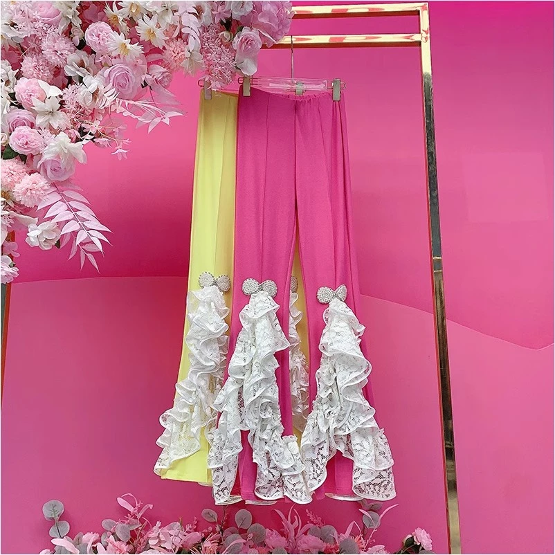 X21953泰国潮牌2025夏季新款重工拼接蕾丝荷叶花边修身喇叭休闲裤