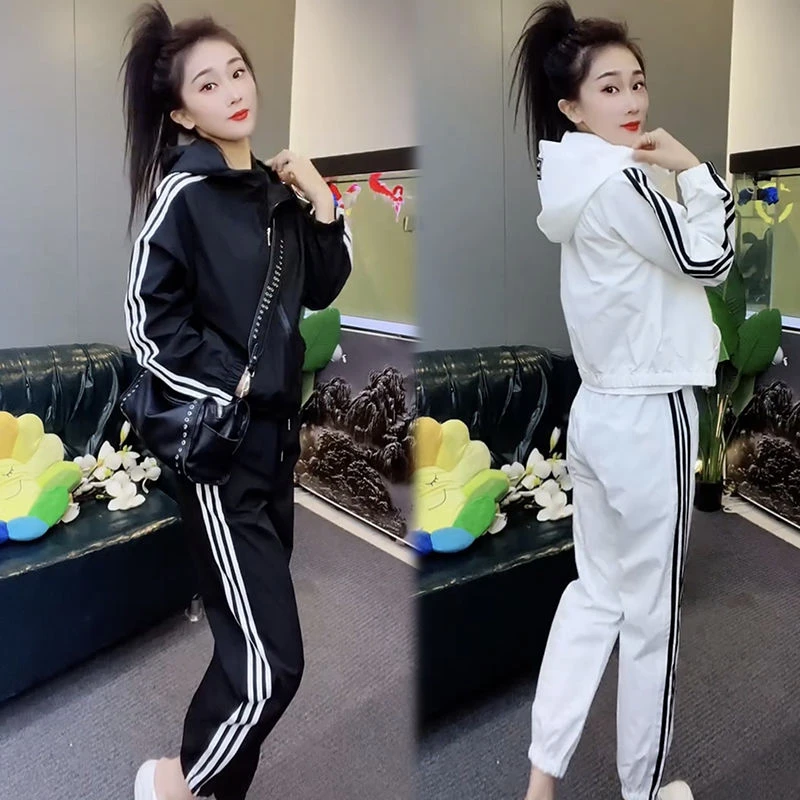 休闲运动套装女春夏新款显瘦条纹连帽秋季套装女款爆款2025新款