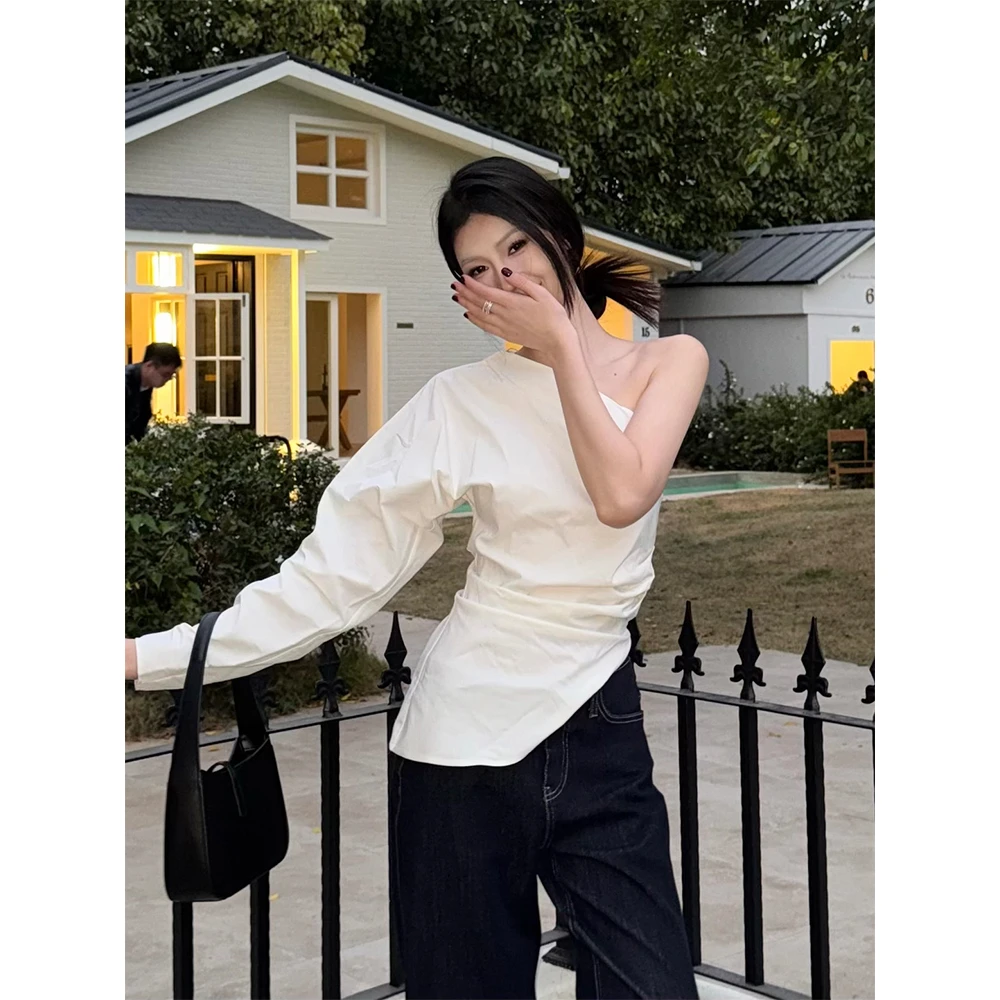 IFMR白色斜领单肩衬衫女春秋季设计感不规则露肩衬衣收腰显瘦F