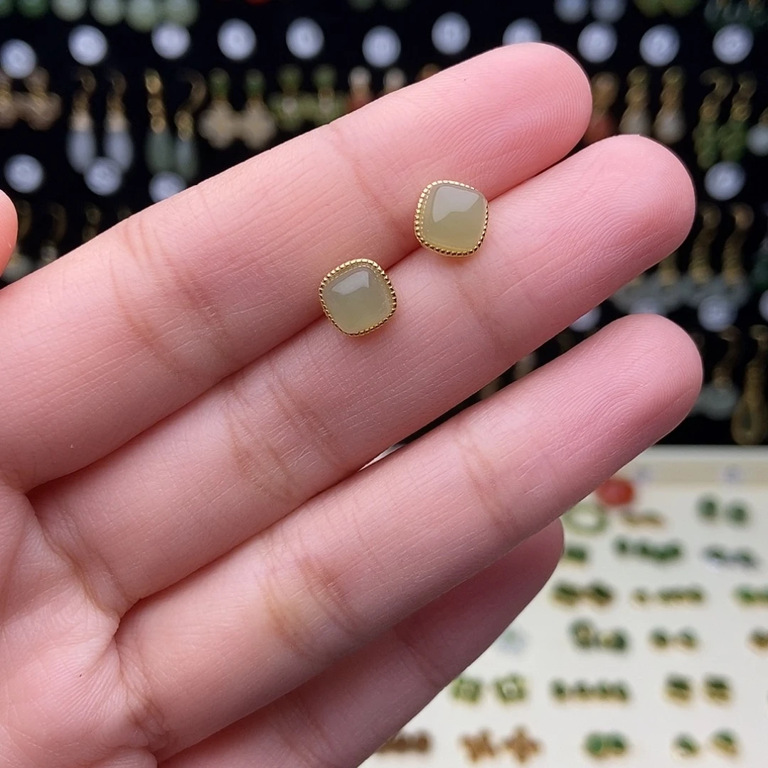 和田玉银S925镀金镶嵌耳饰