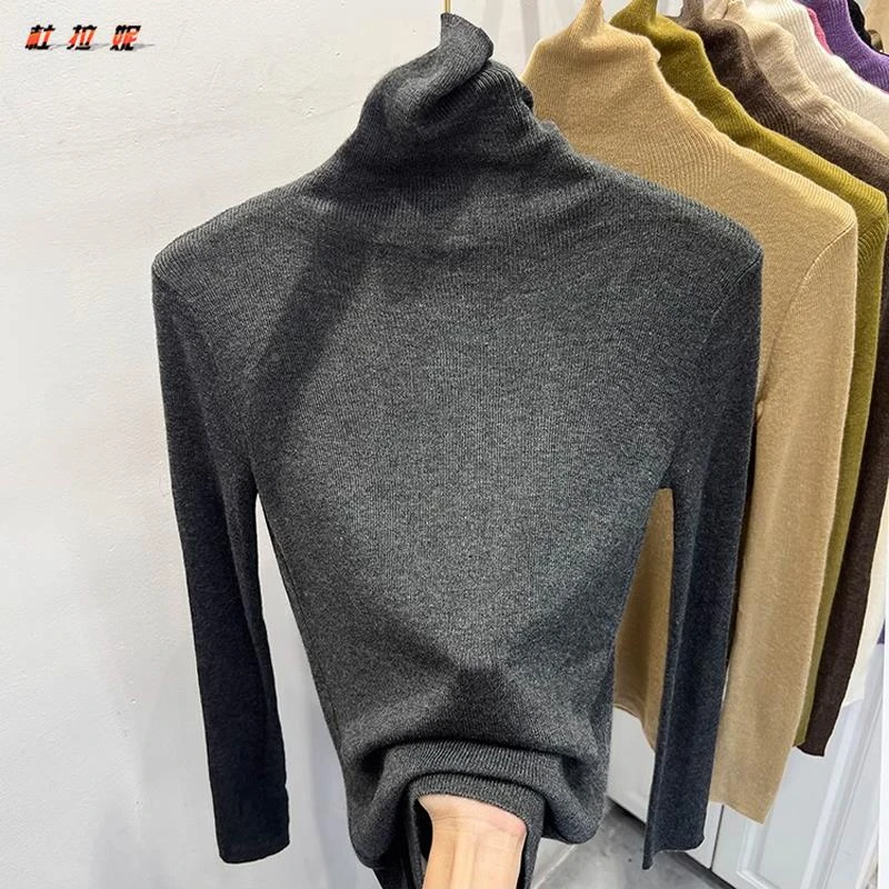 杜拉妮高领软糯羊毛针织衫女士2025初秋打底衫弹力堆堆领黑色毛衣