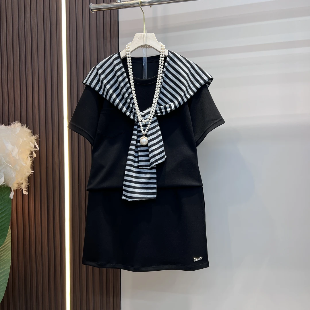 欧洲站新款纯色三件套休闲韩系百搭高级简约宽松套装减龄条纹