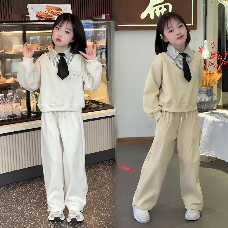 女童春装套装2025新款洋气中大童春秋学院风卫衣运动两件套儿童装