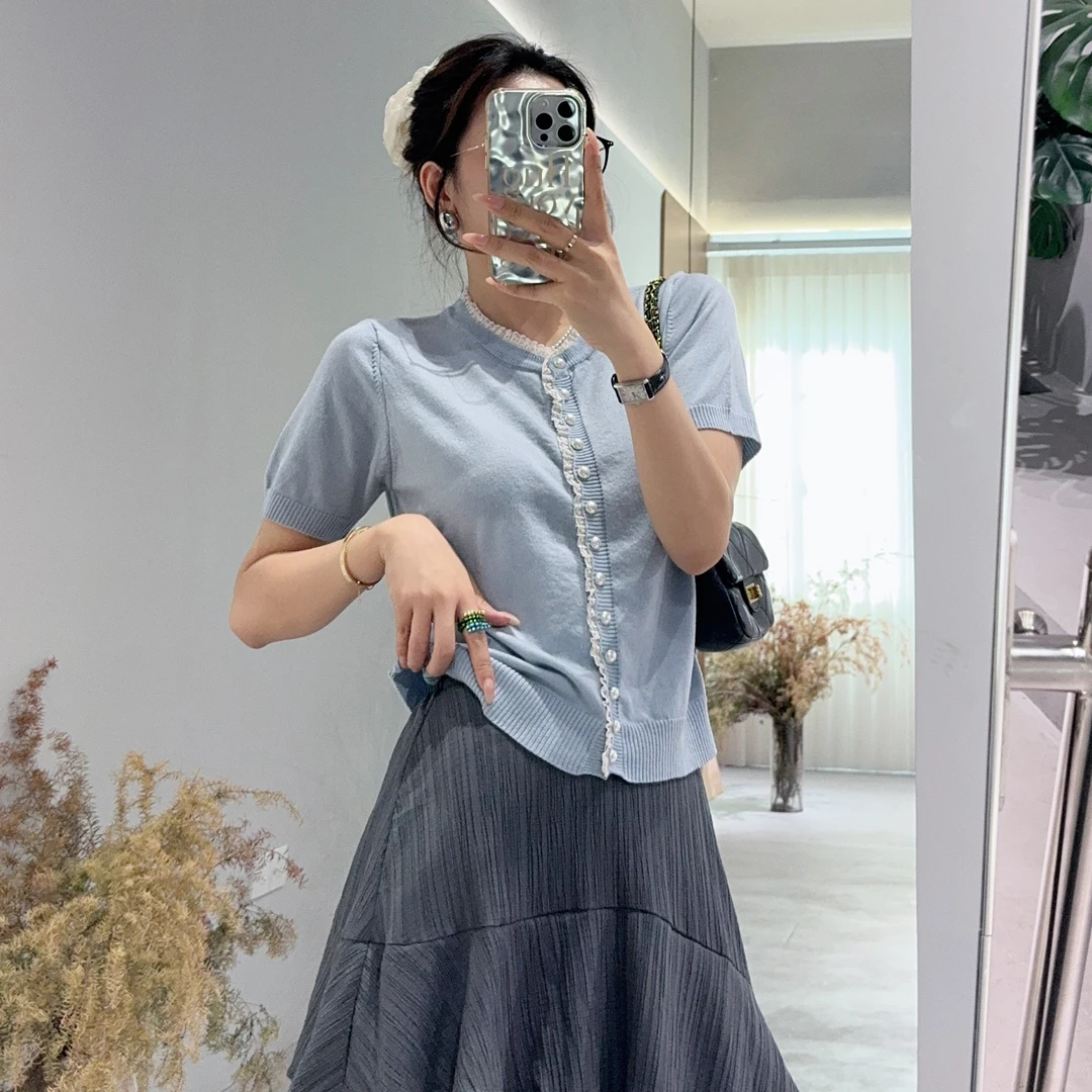 大禾【蕾丝拼接】薄款温柔风气质夏季针织衫女圆领时尚休闲宽松毛衣