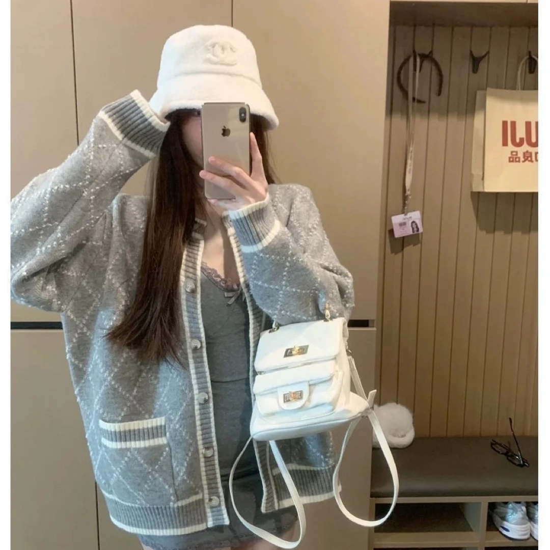 中长款厚款格子慵懒风女针织常规款长袖毛针织衫秋冬