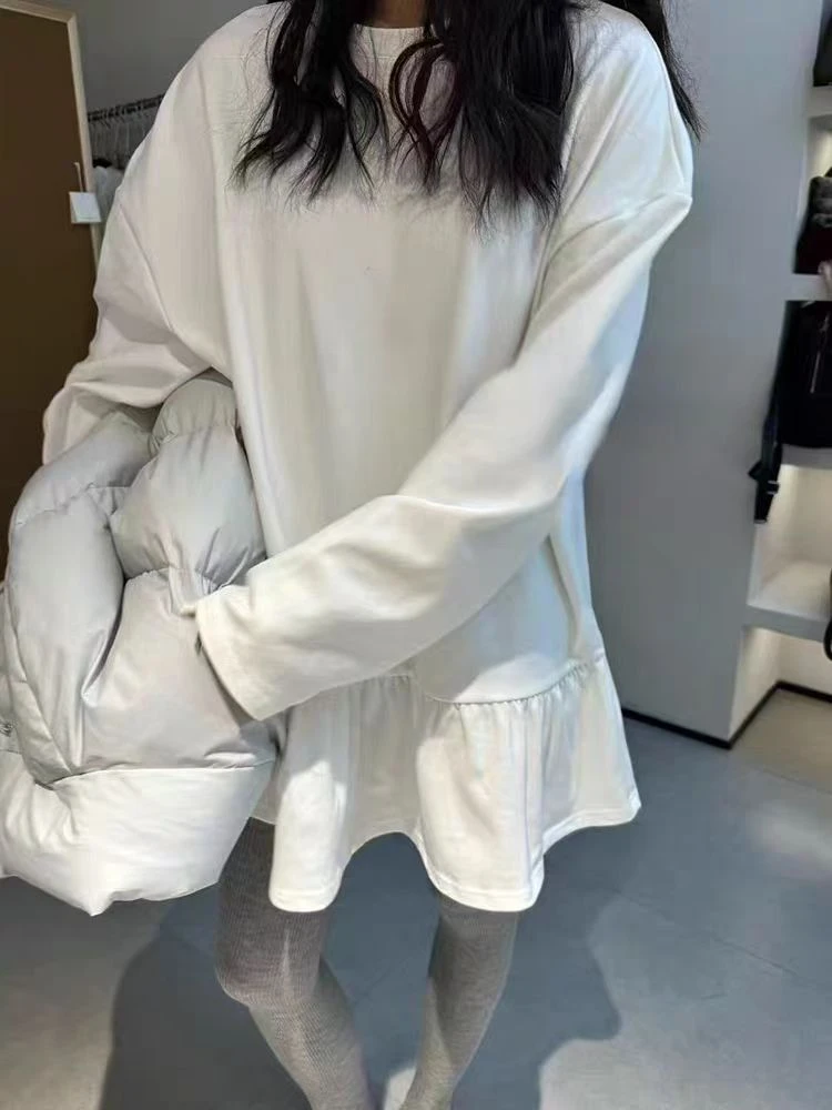 范范家  早春韩系荷叶边长袖宽松百搭减龄T裙5012