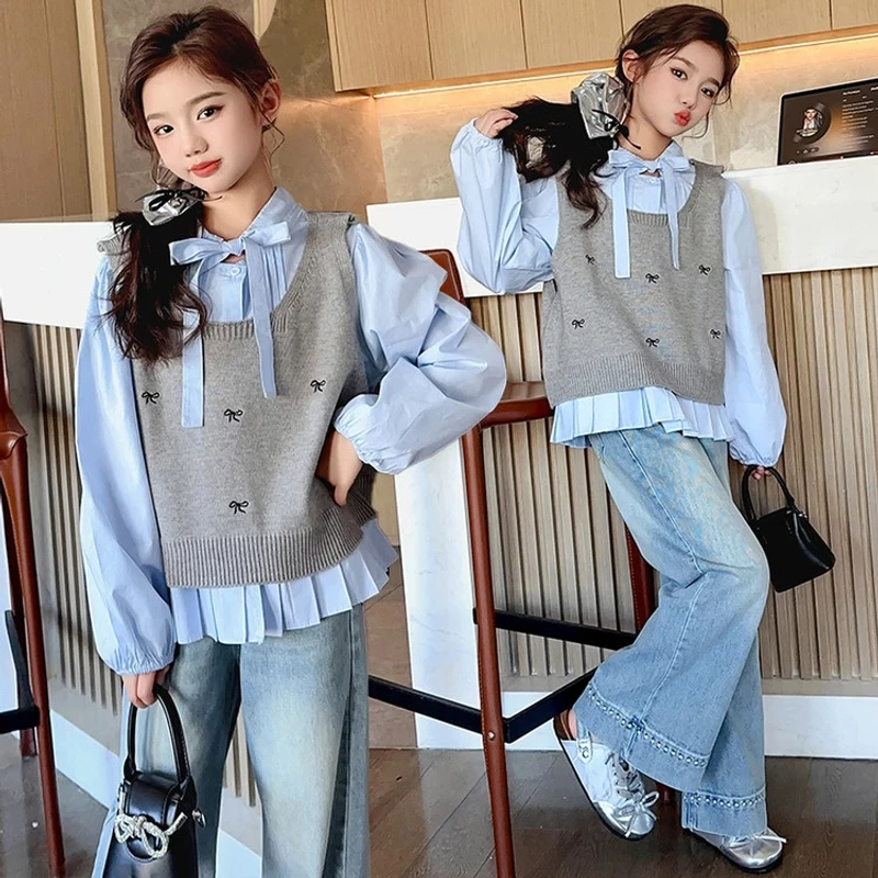 女童春装套装2025新款6-12岁中大童洋气针织马甲衬衫牛仔裤三件套