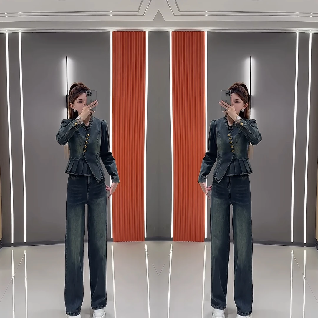 1263春季新款休闲牛仔套装 高腰时尚百搭气质轻奢复古牛仔两件套