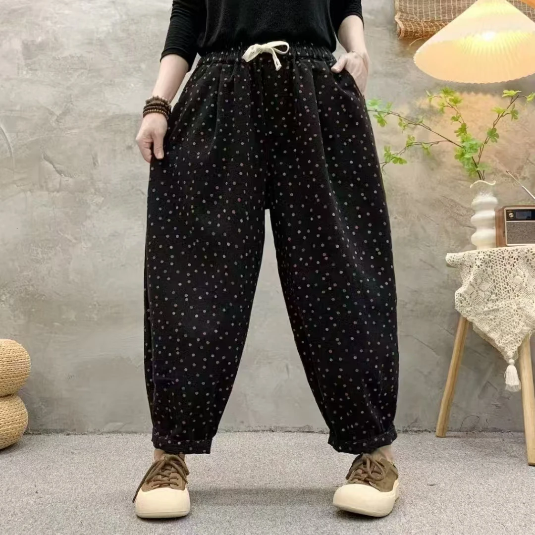 春季不加绒厚款复古波点休闲裤时尚百搭宽松显瘦松紧腰