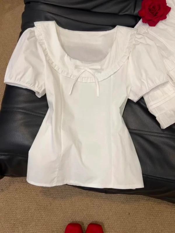 法式少女复古白色圆领短款衬衫女设计感木耳花边领短袖上衣