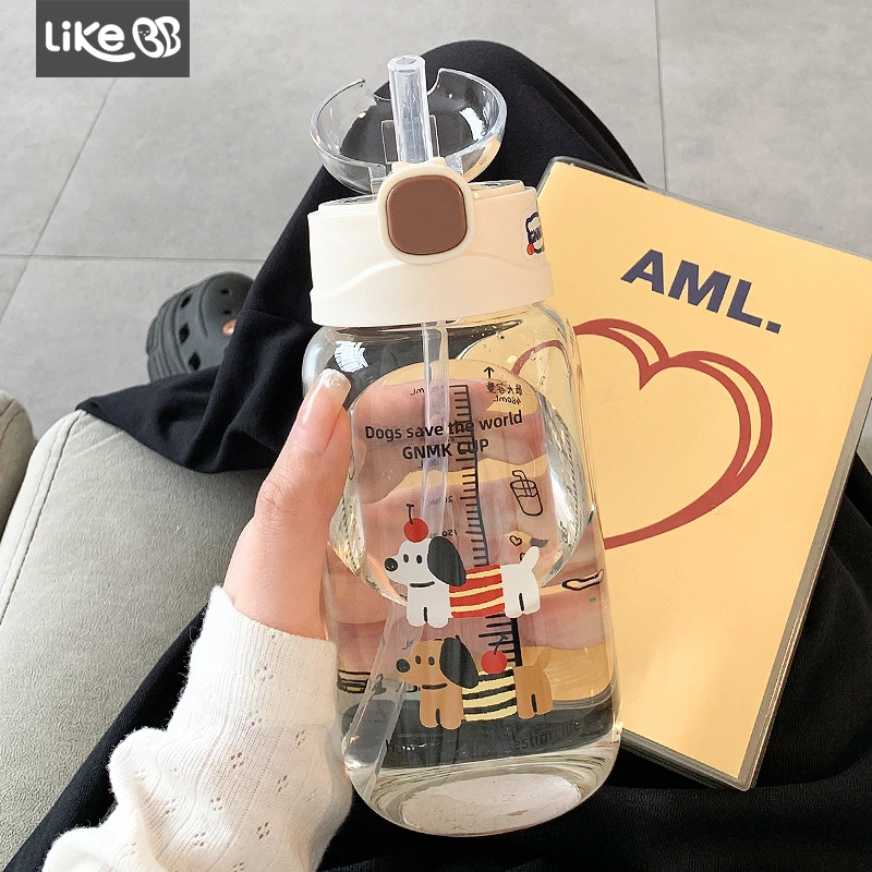 可爱水杯女生高颜值带吸管玻璃杯夏天便携学生刻度杯子女新款2025