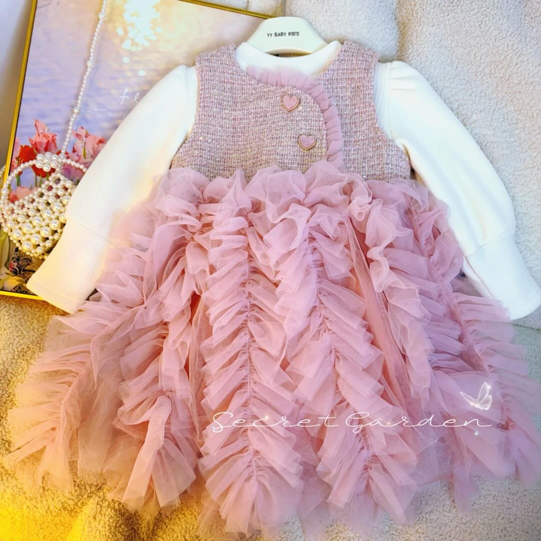 女童爱心小香风秋冬季加绒连衣裙宝宝裙子公主裙童装背心裙女童