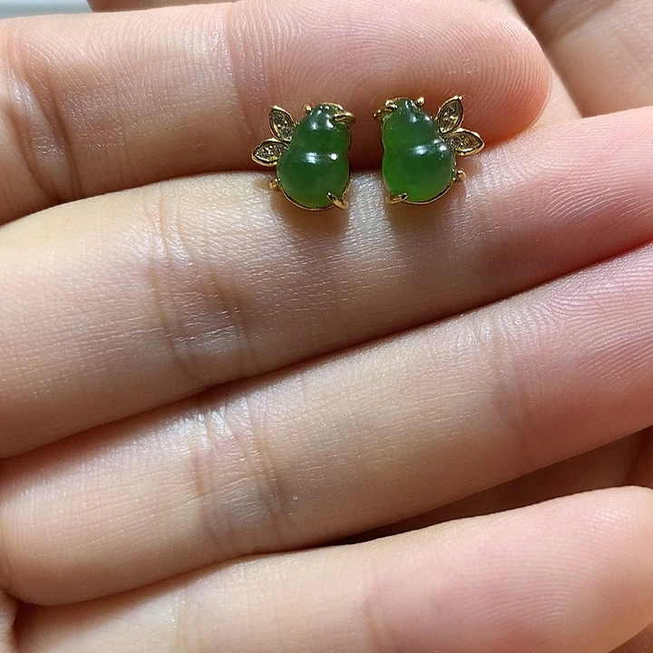银S925镀金镶嵌和田玉（碧玉）耳饰
