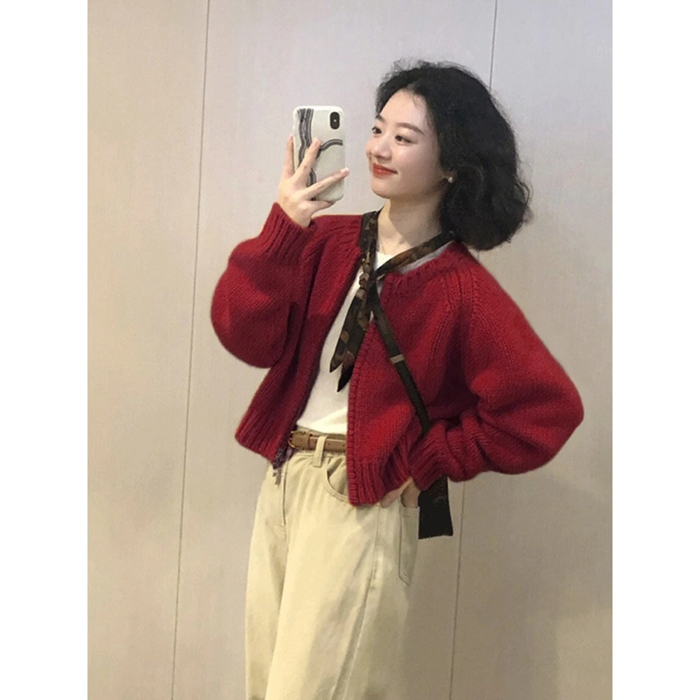 针织开襟针织衫女式春秋季流行新年红色宽松外休闲拉炼上衣新潮