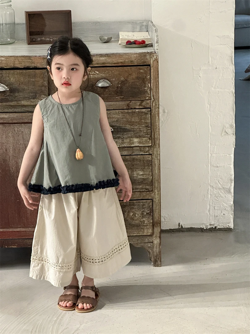 2025夏季新品女童韩版小众设计撞色复古休闲法式纯棉木耳边娃娃衫