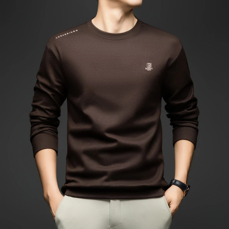 新款圆领高端桑蚕丝长袖T恤衫男士秋季纯色宽松百搭休闲打底衫