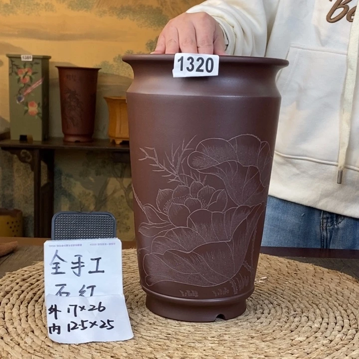 紫砂花盆 特惠全手工石工刻绘荷塘清趣1320