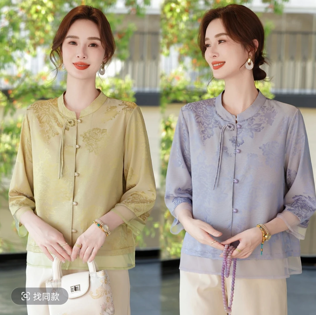 时尚新中式薄款时尚中老年女装显瘦中袖女装七分袖洋气夏季复古