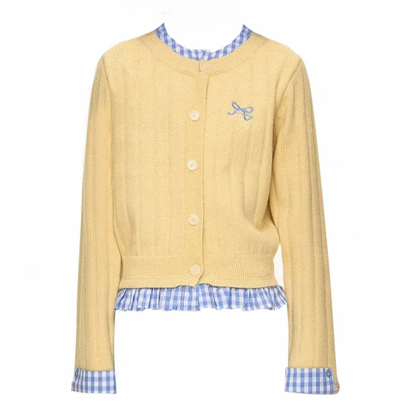 黄色奶显瘦针织开衫春季新款复古格子拼接假两件蝴蝶结刺绣毛衣女