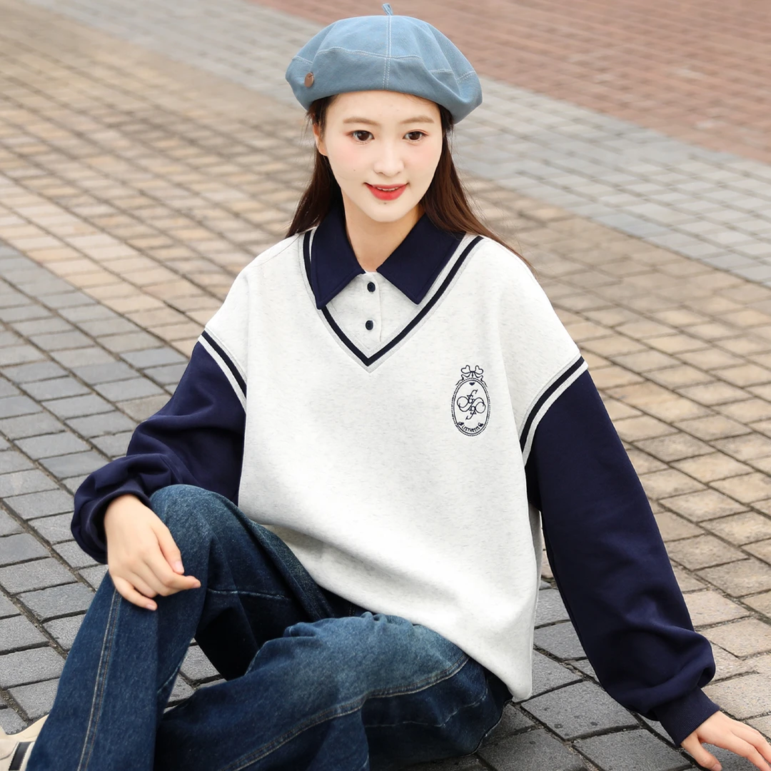 【高中生】卫衣女冬加厚加绒假两件学院风上衣初中学生大童宽松15岁