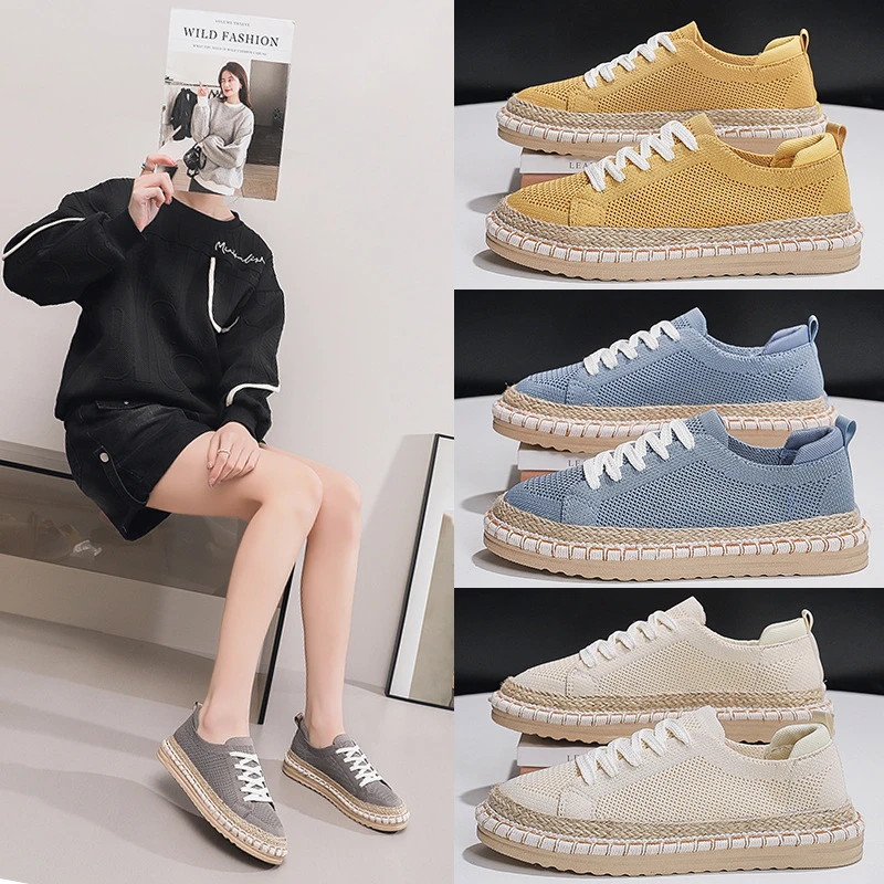 女鞋2025夏季新款飞织系带渔夫鞋休闲老北京布鞋女士草编亚麻