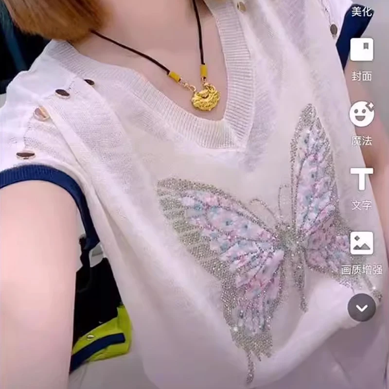 韩版薄款V领漂亮针织衫短袖女2025夏季新款蝴蝶设计洋气T恤上衣服