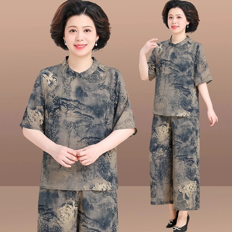 母亲节气质妈妈大码时尚套装两件套女夏款遮肉水墨花民族风套装女