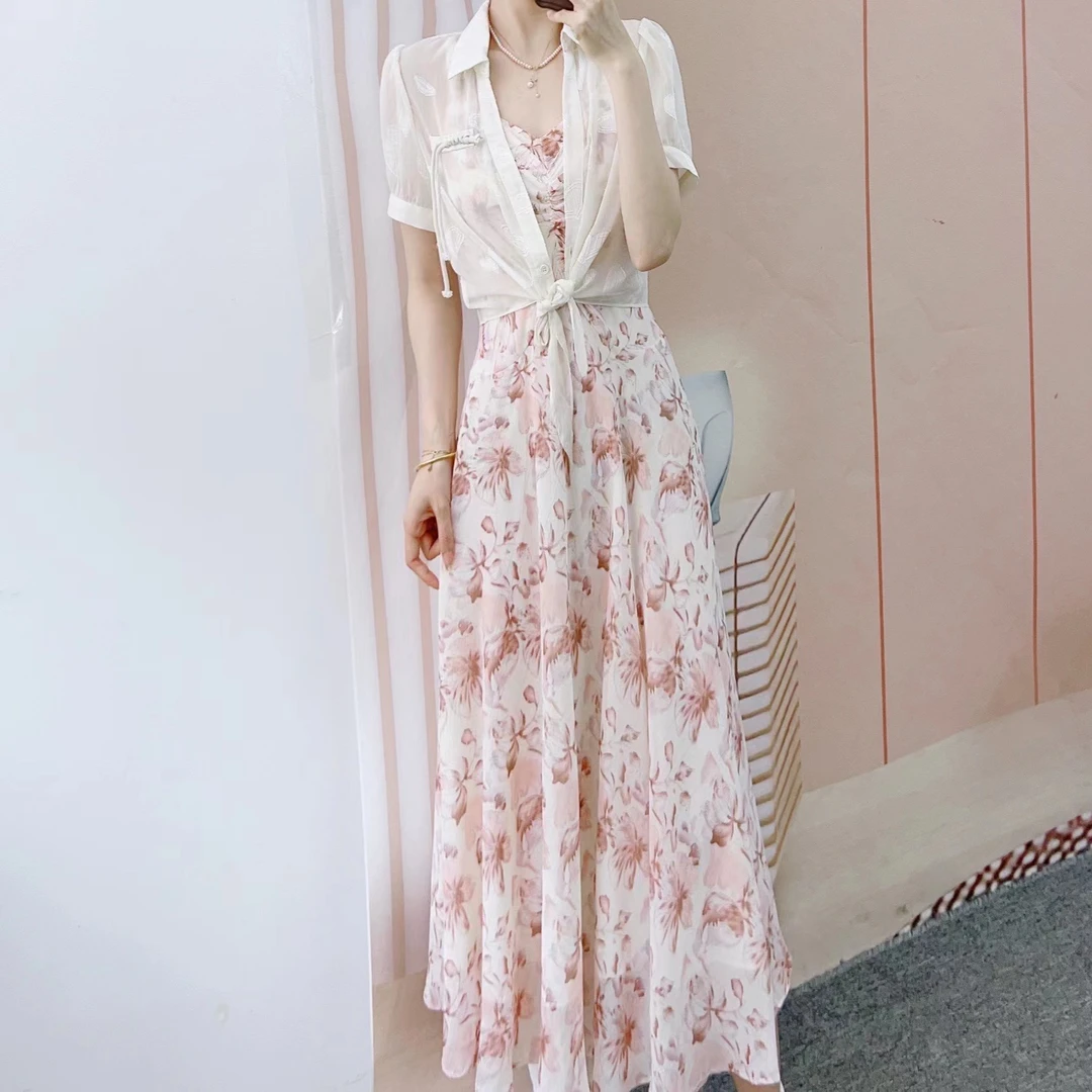 313清D1夏季专柜新品时尚国风外披+花朵裙摆连衣裙两件套裙