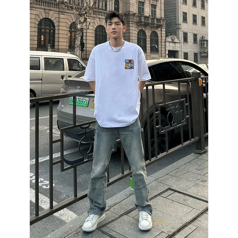 夏季纯棉重磅圆领套头白色短袖T恤男款美式潮牌个性印花上衣半袖
