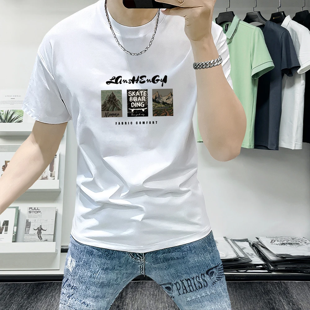 蓝晟依短袖t恤男圆领2025新款夏季潮流时尚休闲男装印花半袖上衣T