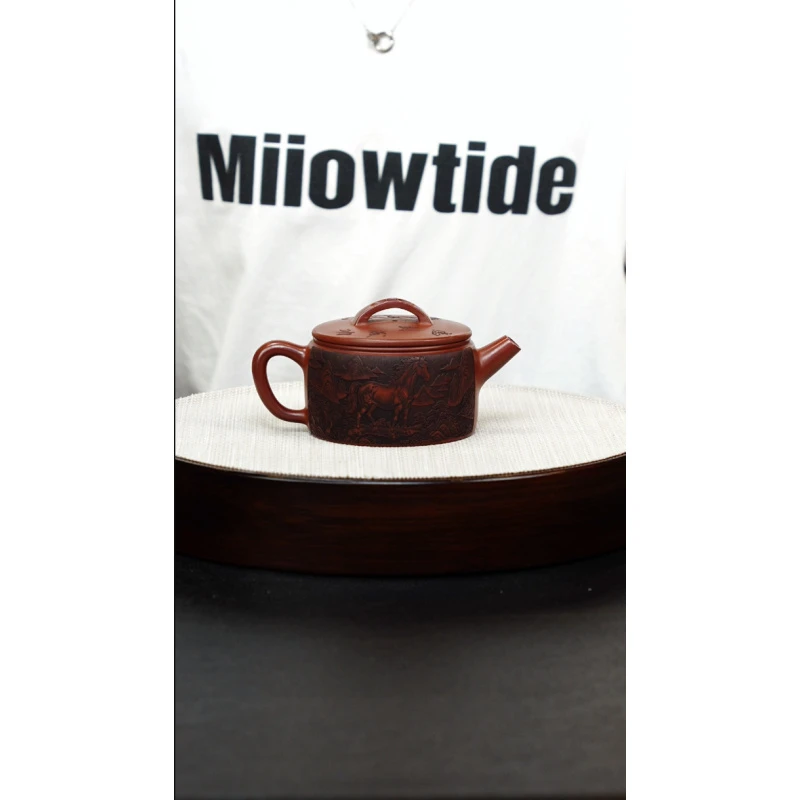 宜兴紫砂 汉瓦 大红袍 刻绘马到成功  顾健根h300