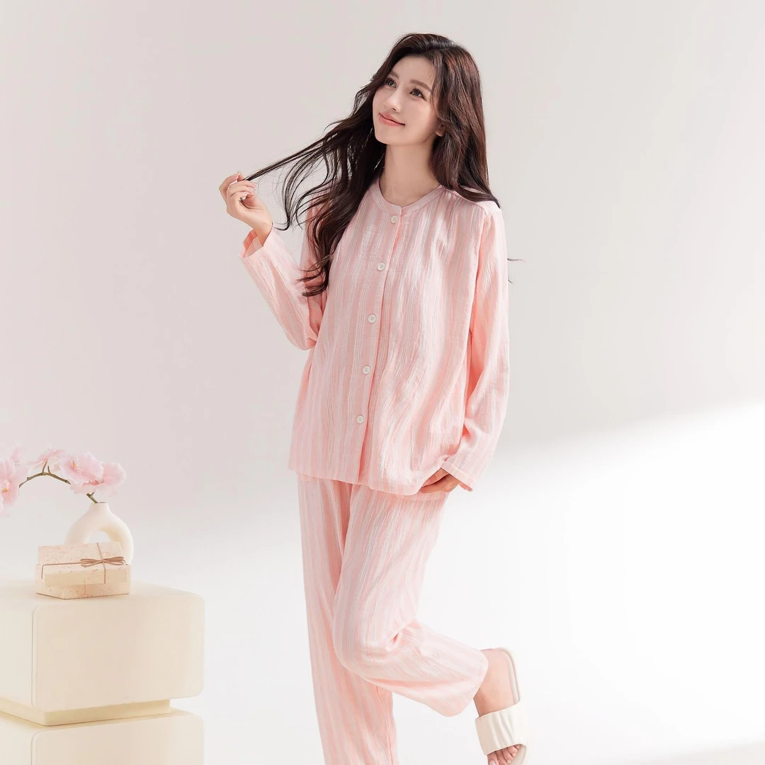 无印爆款睡衣品质女款纯棉双层纱春秋薄款全棉男士家居服长裤套装