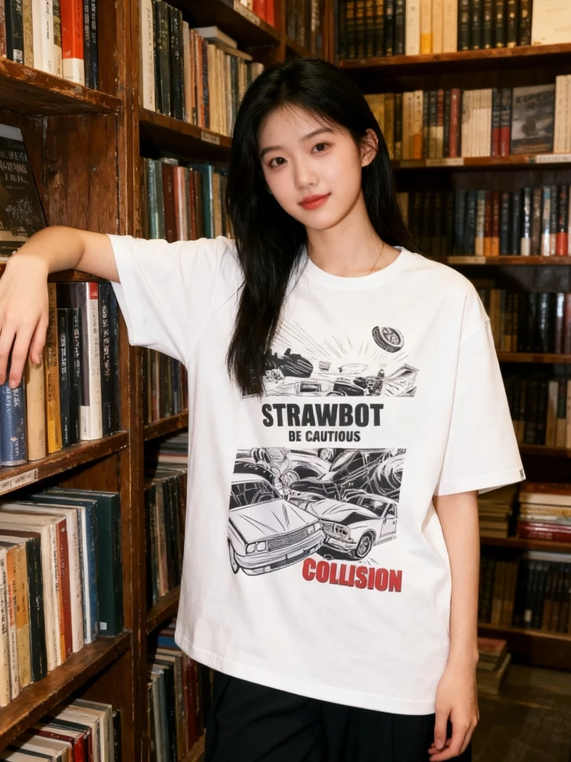 漫画风印花短袖T恤圆领宽松款oversize美式黑白休闲上衣