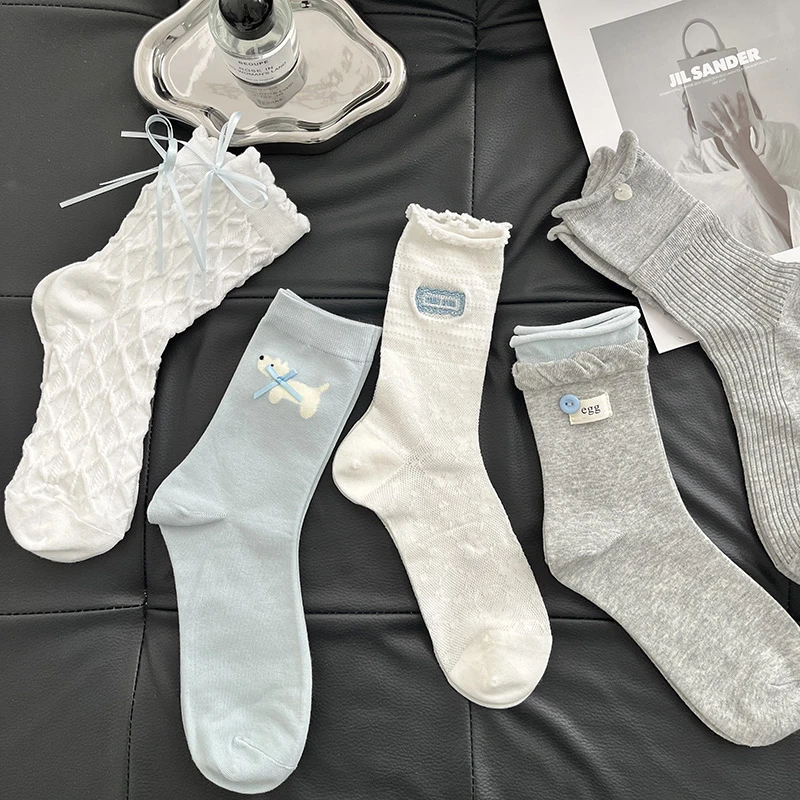 春夏新款袜子女韩版灰白蓝组合纽扣布标蝴蝶结堆堆袜百搭中筒棉袜