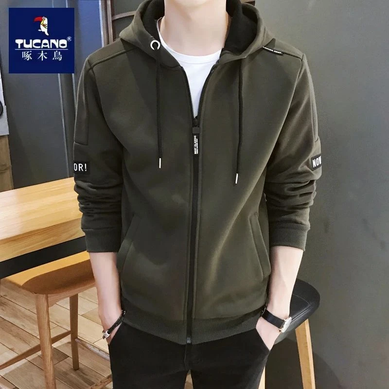 啄木鸟外套男士秋冬季新款卫衣时尚休闲男装开衫修身连帽运动上衣
