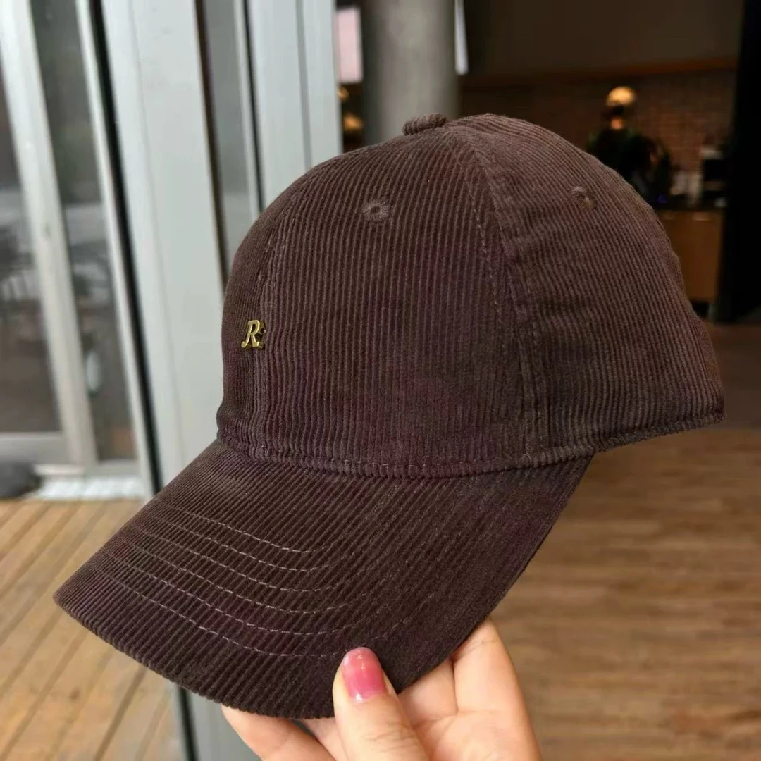 韩系高级弯檐灯芯绒棒球帽子男女纯色简约字母休闲百搭保暖鸭舌帽