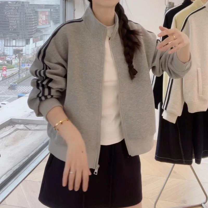 韩版条纹休闲开衫外套女2025年春秋季新款设计感百搭短款立领卫衣
