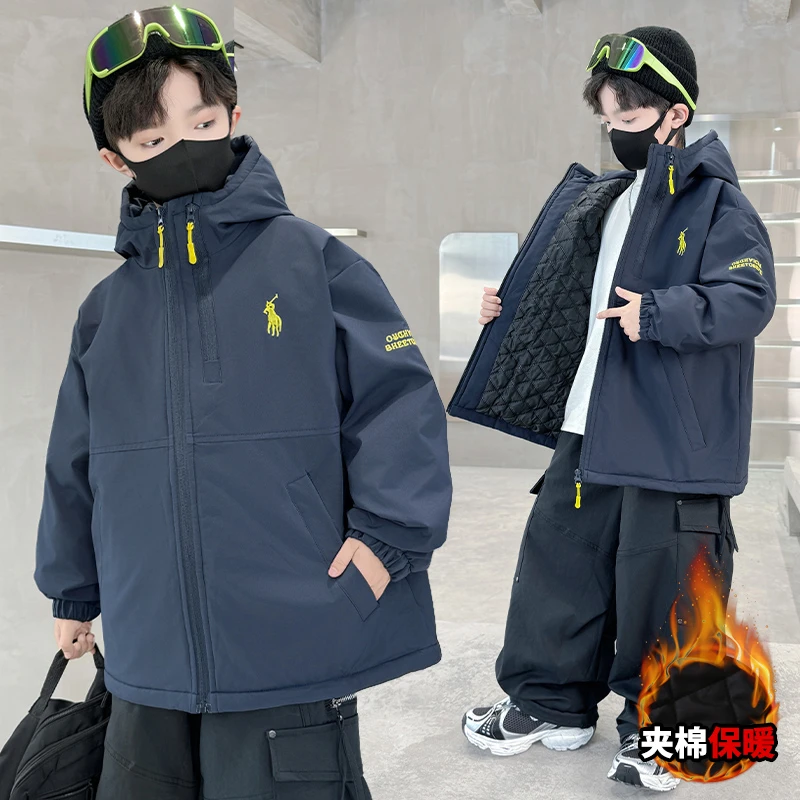 男童二棉外套秋冬新款中大童连帽派克服棉衣冬装儿童夹棉厚冲锋衣