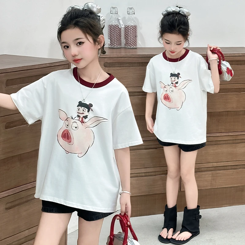 女童夏季短袖2025新款中大童t恤6-12儿童时尚洋气卡通女孩哪吒T恤