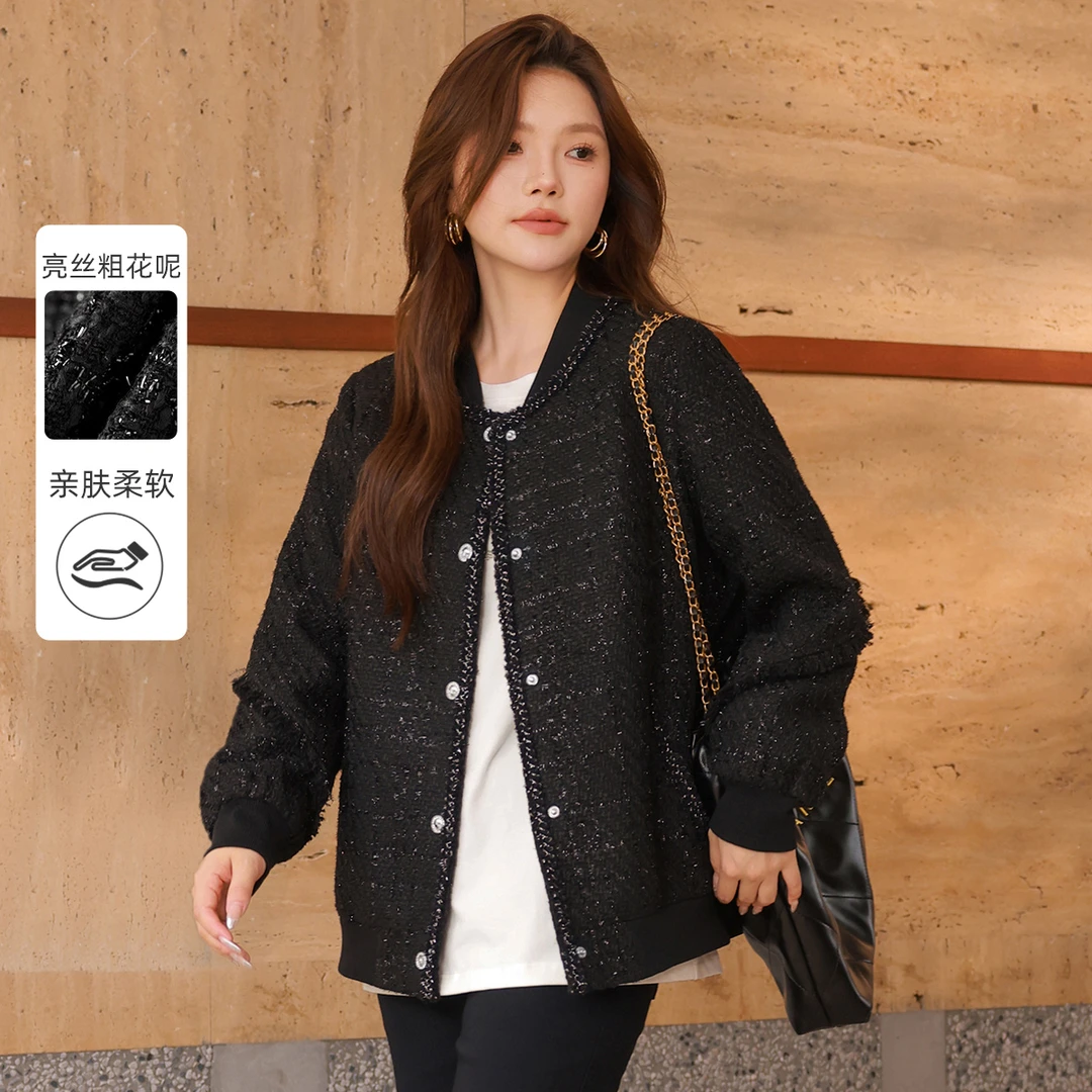 【小香风亮丝粗花呢】MsShe大码女装秋冬毛须边罗纹外套E2411072