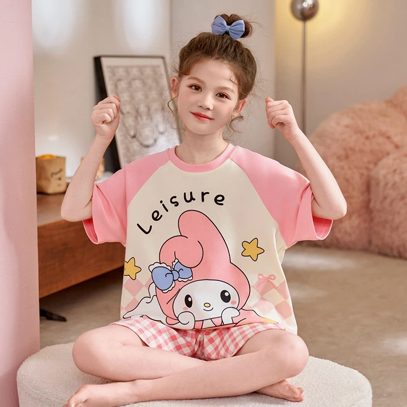 美乐蒂女童睡衣夏季纯棉短袖短裤套装卡通女孩宝宝夏天儿童家居服