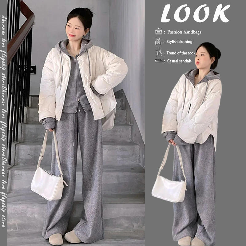 2024秋冬新款韩系慵懒连帽卫衣宽松叠穿棉服外套休闲阔腿裤三件套