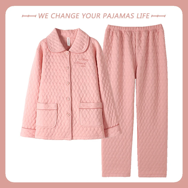 100%纯棉秋冬季夹层睡衣女空气棉加厚长袖韩版薄款夹棉保暖家居服