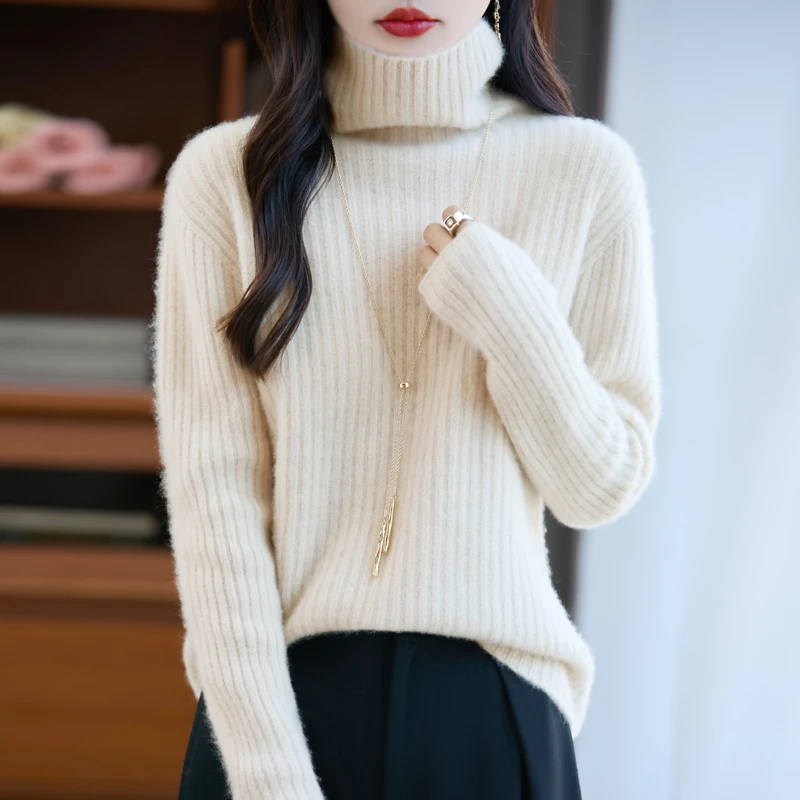 一线成衣加厚100%羊毛衫女堆堆领毛衣长袖高领打底羊毛针织衫女