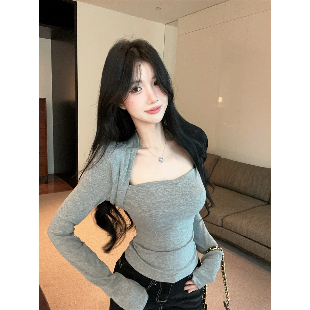 法式方领长袖T恤女秋装新款修身显瘦超好看氛围感穿搭辣妹上衣女