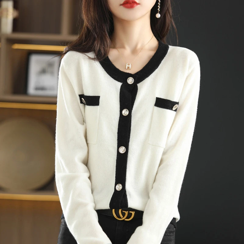 秋冬新款女时尚拼色单排扣休闲羊毛开衫